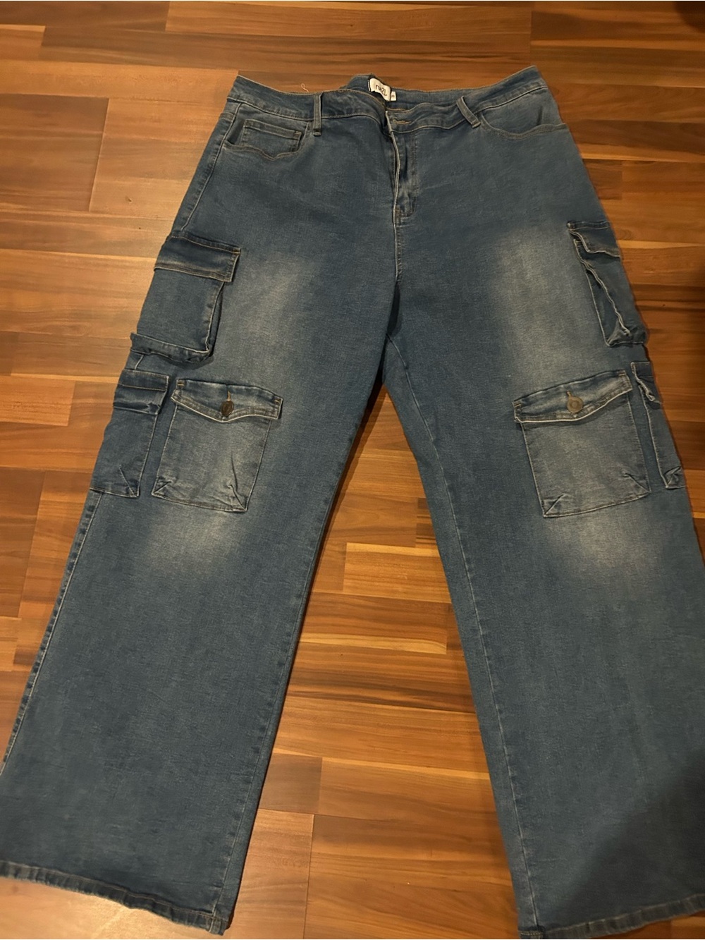 Rue21 Women Wide Leg Washed Blue Cargo Denim Jeans